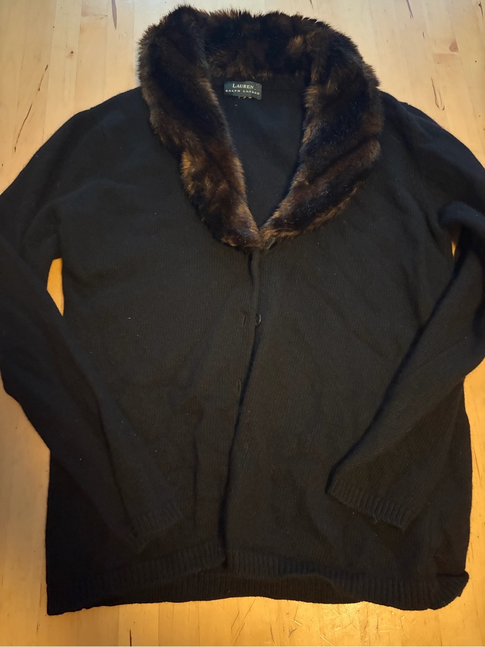 Ralph Lauren Black Sweater Cardigan with Faux Fur Shawl Collar
